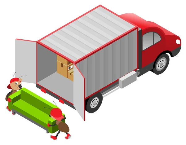 Schnelle Lieferung Von Waren Ameisen Laden Möbel Transporter Isoliert Auf — Stockvektor