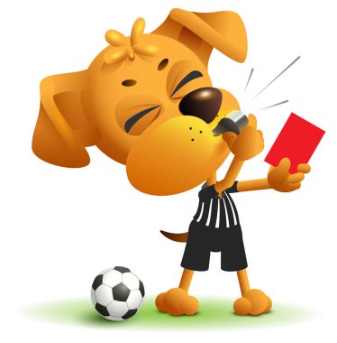 Football referee Dog shows red card. Soccer arbiter whistles. Isolated on white vector cartoon illustration clipart