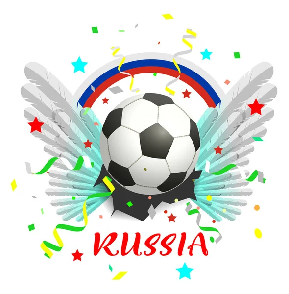 Rainbow banner Russia texto bola de futebol e asas brancas — Vetor de Stock