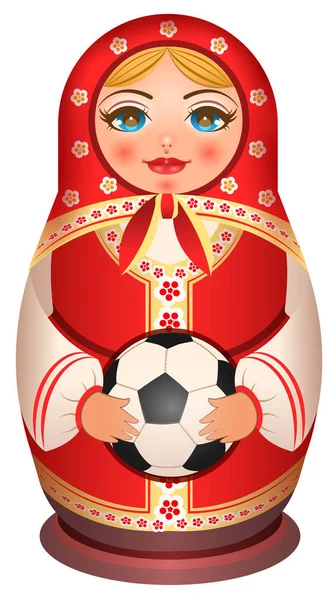 Russische Broedende Pop Matryoshka Houdt Voetbal Geïsoleerd Witte Vectorillustratie — Stockvector