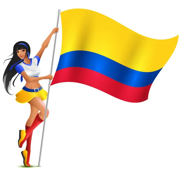美丽的年轻女子橄榄球啦啦队员举行哥伦比亚国旗 孤立的白色矢量卡通插图 — 图库矢量图片