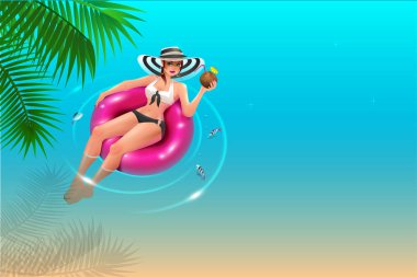 Şapkalı güzel genç kadın daire mavi su ve içecekler Hindistan cevizi suyu üzerinde yüzer. Yaz tatil plaj tatil. Vektör karikatür çizim