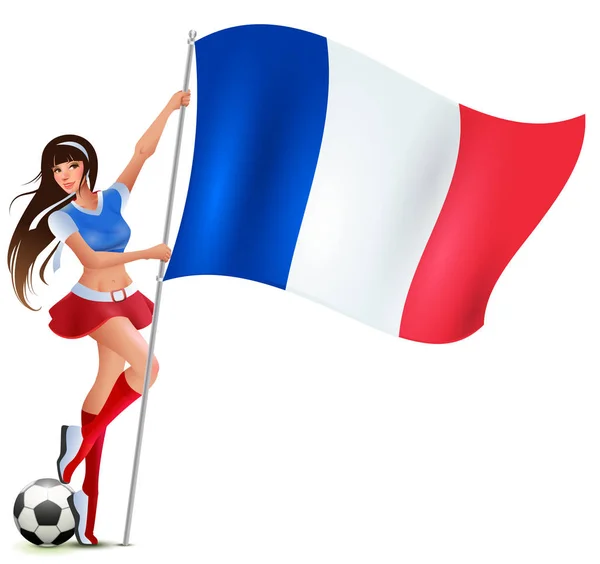 Linda Menina Adolescente Segurando Bandeira Francesa Futebol Suporte Vetor Desenho — Vetor de Stock