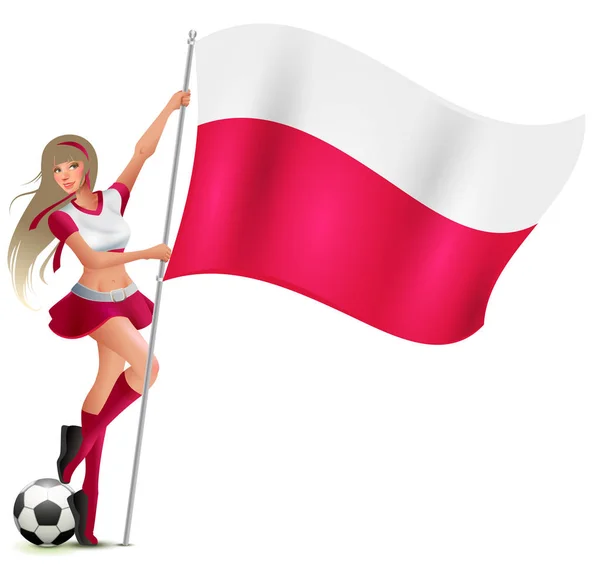 ポーランドの女性ファンがポーランド フラグを保持しています サッカー チームをサポート 白いベクトル漫画イラストを分離 — ストックベクタ