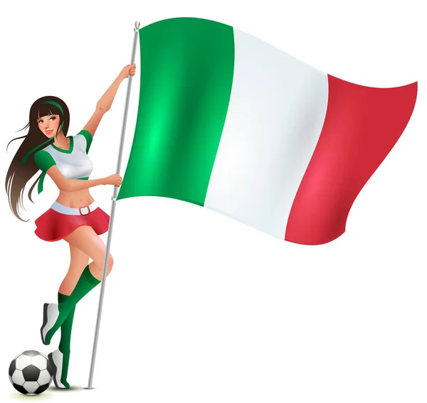 Italienische Schönheit Fußballfan Mit Fahne Isoliert Auf Weißem Vektor Cartoon — Stockvektor