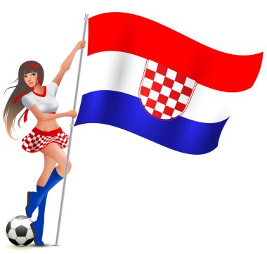 Hırvat kız fan zafer futbol sevinir ve bayrak tutar. Beyaz vektör çizgi film illüstrasyon izole