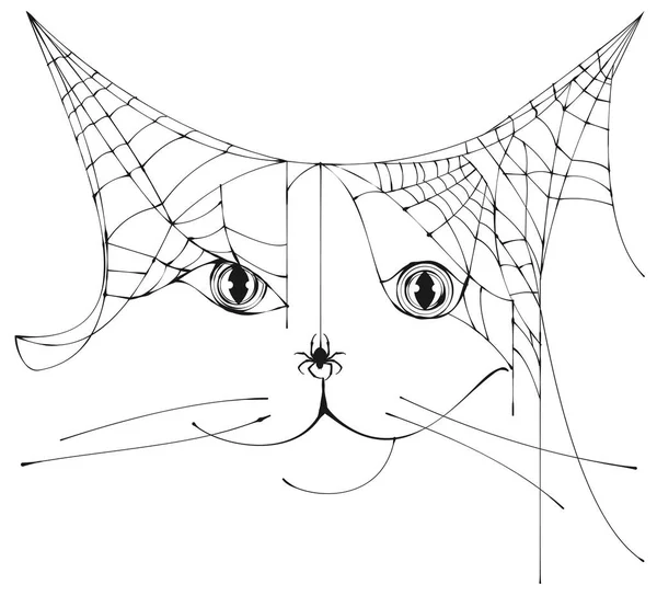 Spider Web Form Siluett Katt Huvud Symbolen Halloween Isolerad Vit — Stock vektor