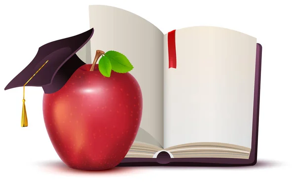 Libro Abierto Manzana Roja Motarboard Símbolo Del Conocimiento Educación Aislado — Archivo Imágenes Vectoriales