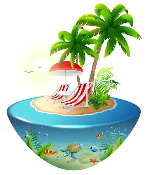 Vacaciones Aisladas Isla Tropical Dos Chaise Lounge Palmera Mundo Submarino — Vector de stock