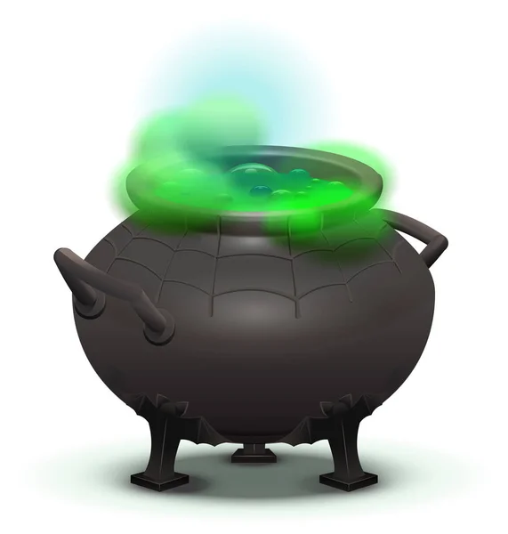 Big Black Cauldron Cook Green Magic Potion Isolated White Vector — Stock Vector