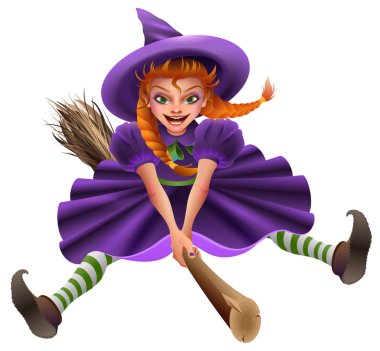 Kadın cadı süpürge üzerinde uçar. Maskeli balo Halloween Dress