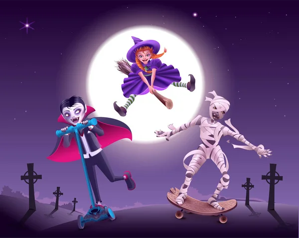Oslava Halloween Zombie Upír Čarodějka Mumie Spěchat Maškarní Vektorové Ilustrace — Stockový vektor