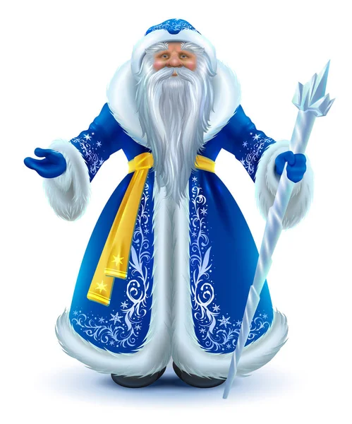 Russische Santa Claus Grootvader Vorst Blauwe Bontjas Geïsoleerd Witte Vectorillustratie — Stockvector