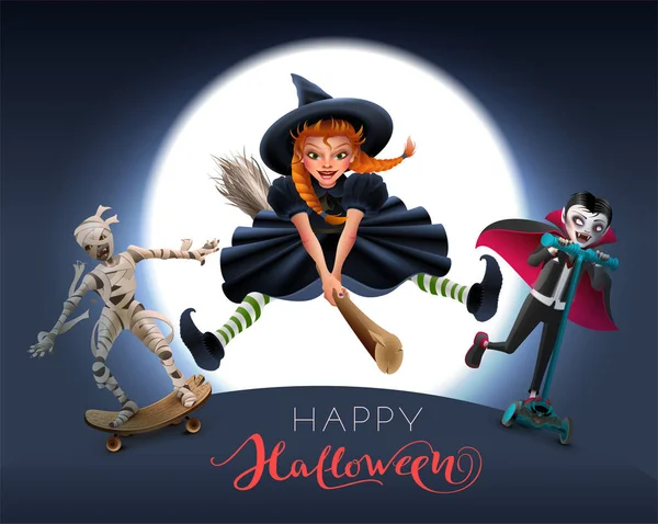 快乐的万圣节贺卡文本 巫婆在扫帚 妈咪和吸血鬼在晚上 矢量卡通插画 — 图库矢量图片