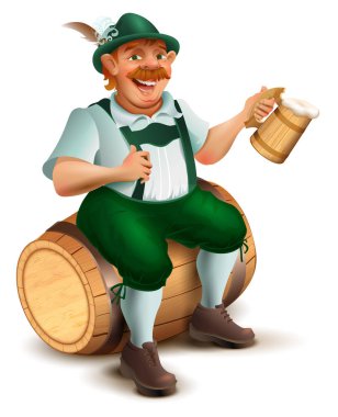 Bira Festivali Oktoberfest. Adam ahşap varil üzerinde oturur ve içecekler bira