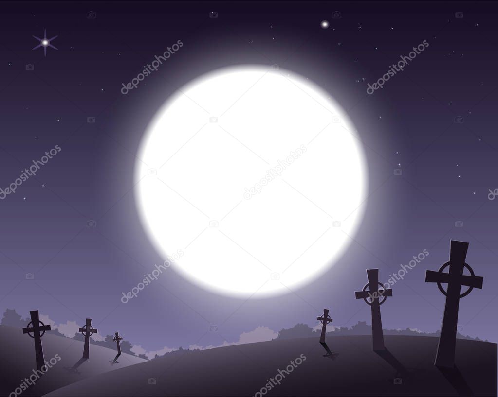 Scary background for Halloween cemetery with crosses and full moon in sky
