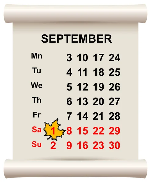 September Beginning Autumn Maple Leaf Calendar Isolated White Vector Illustration — Stock Vector