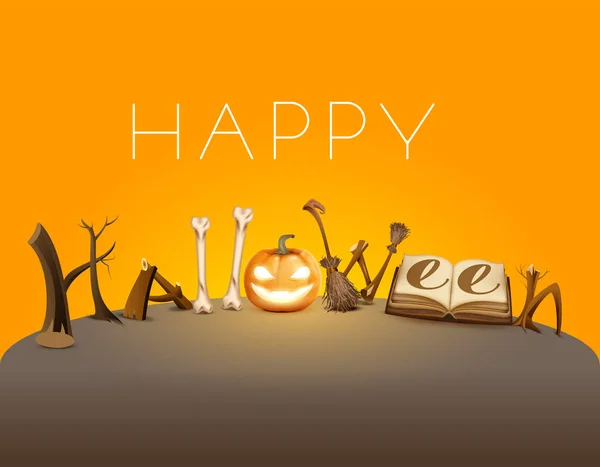 Feliz Tarjeta Felicitación Halloween Linterna Calabaza Libro Mágico Accesorio Vacaciones — Archivo Imágenes Vectoriales