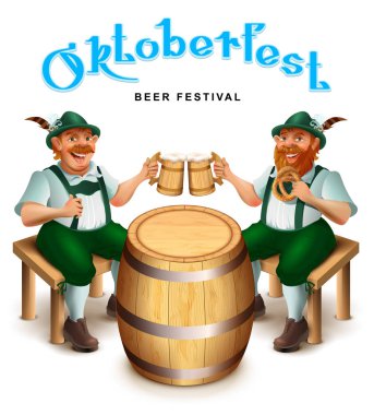 Geleneksel Alman giysili iki adam oturmak ve bira içmek. Oktoberfest bira festivali tebrik kartı metin. Beyaz vektör çizgi film illüstrasyon izole