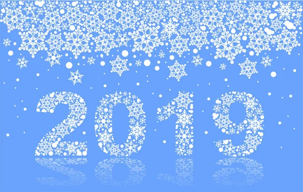 2019 Happy New Year Text Number Snowflake Blue Background Vector — Stock Vector