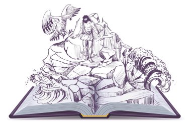 Prometheus kartal efsanesi açık kitap Illustration karaciğer gagalar. Beyaz izole vektör
