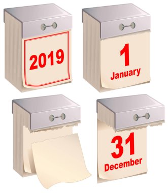 Eski ve yeni ayarla 2019 Takvim 1 Ocak 31 Aralık gözyaşı. Beyaz vektör illüstrasyon izole