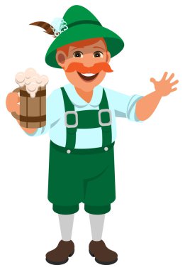 Alman adam ahşap kupa bira tutan Ulusal retro giysiler içinde. Beyaz vektör çizgi film illüstrasyon izole