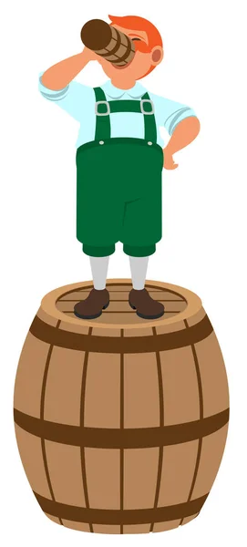 红头发的德国小妖精站在木桶上喝啤酒 孤立的白色矢量卡通插图 — 图库矢量图片