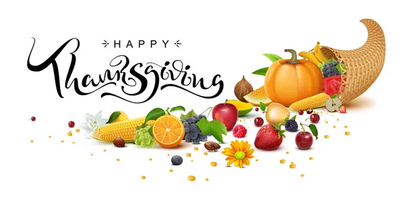 Happy Thanksgiving Day handwritten calligraphy text greeting card. Cornucopia harvest. Isolated on white vector illustration