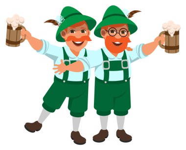 İki neşeli Alman adam içki bira ahşap kupa dışarı. Beyaz vektör çizgi film illüstrasyon izole