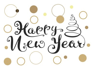 Mutlu yeni yıl süslü el yazısı hat metin tebrik kartı. Beyaz vektör illüstrasyon izole