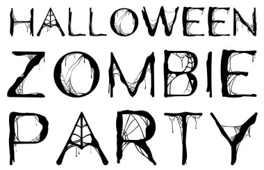 Cadılar Bayramı Zombi parti üzerinde beyaz izole metin örümcek ağı. Vektör çizim