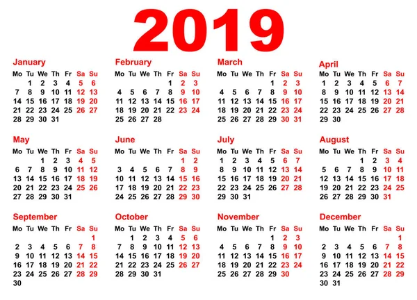 2019 Roku Kalendarzowego Szablon Siatka Kieszeń Orientację Poziomą Ilustracji Wektorowych — Wektor stockowy