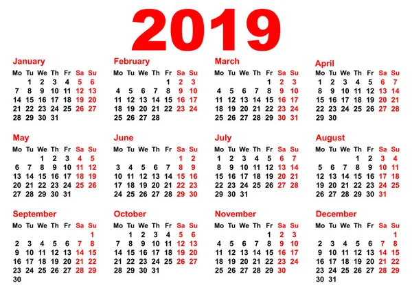 2019 Año Calendario Plantilla Cuadrícula Bolsillo Orientación Horizontal Aislado Ilustración — Vector de stock