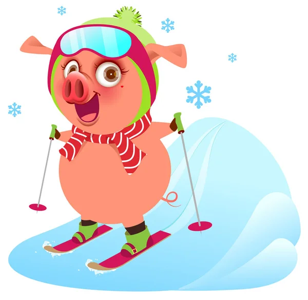 Roze Grappige Vrolijke Varken Symbool 2019 Jaar Skiën Ski Geïsoleerd — Stockvector