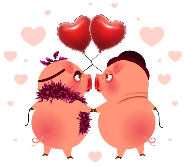 Pareja Cerdos Con Globos Forma Corazón Miran Entre Vector Dibujos — Archivo Imágenes Vectoriales