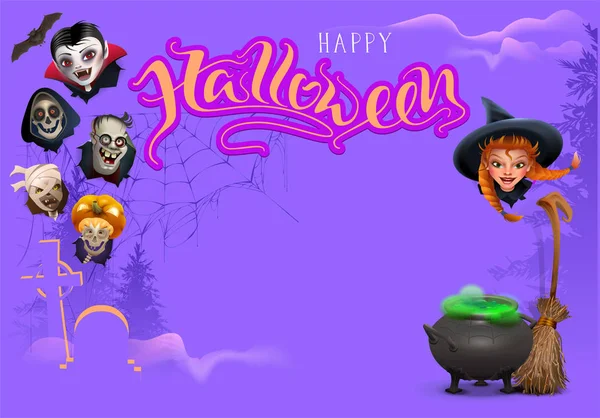 Happy Halloween Szablonu Ramka Tekstu Kartkę Życzeniami Zestaw Znaków Głowy — Wektor stockowy