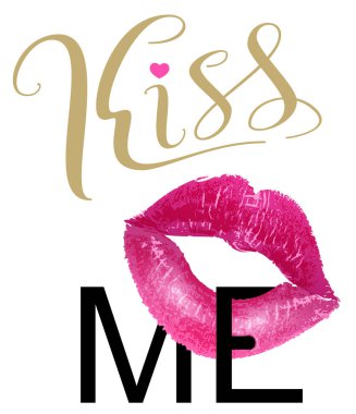 Kiss me ornate text and woman lips pint. Isolated on white vector illustration clipart