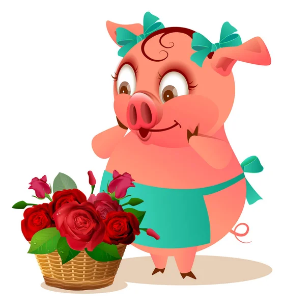 Schwein Hausfrau Weiblich Und Großen Korb Mit Blumen Rote Rose — Stockvektor