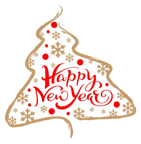 Frohes Neues Jahr Grußkarte Schriftzug Text Tannenbaum Silhouette Und Schneeflocken — Stockvektor