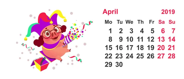 Calendario Payaso Cerdo Abril 2019 Año Día Los Tontos Vector — Vector de stock