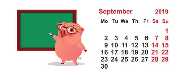 Calendar September 2019 Year Pig Teacher Green Blackboard Isolated White — Stock Vector