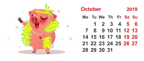 Pig female sings. Calendar October 2019 year grid — Stock Vector