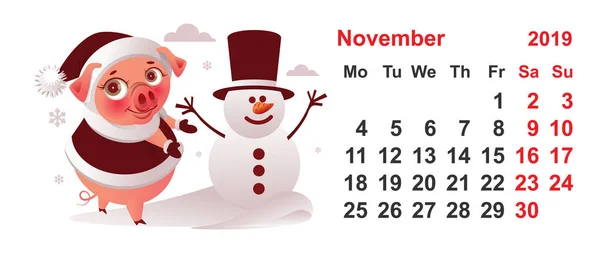 2019 Rok Kalendář Listopad Měsíc Prase Dělá Sněhulák Izolované Bílém — Stockový vektor