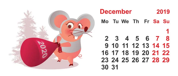 2019 Año Diciembre Calendario Plantilla Máscara Cerdo Ratón Sostiene Bolsa — Vector de stock