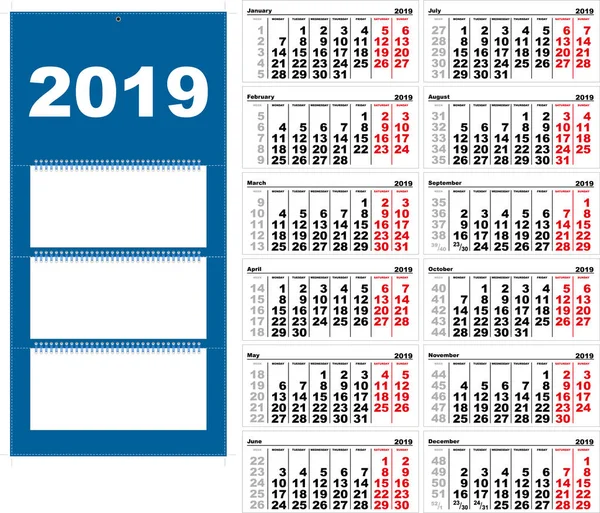 Driemaandelijkse Muur Kalender Voor 2019 Raster Sjabloon Horizontale Vectorillustratie — Stockvector