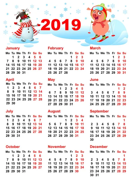 Calendar 2019 Year Grid Pig Skiing Snowman Vector Cartoon Illustration — Stock Vector