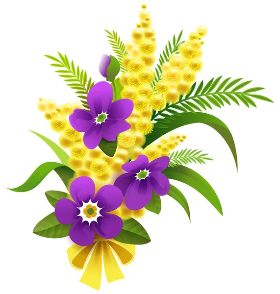 Yellow mimosa and violet flower bouquet on March 8 — Stock Vector