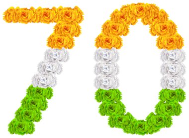 70 yıl yıldönümü Cumhuriyeti gün Hindistan. Ulusal bayrak üç renkli çiçekler 70 sayısı. Beyaz vektör simge illüstrasyon izole