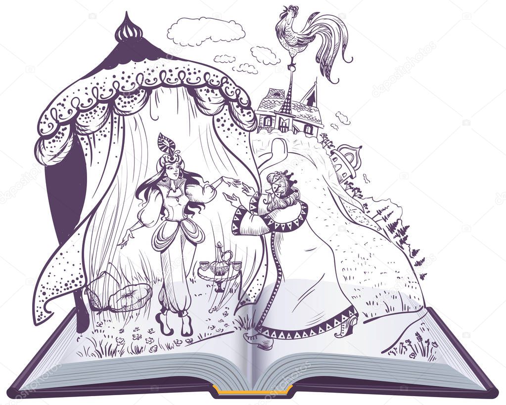 Pushkin fairy tale of Golden Cockerel open book illustration. Vector cartoon isolated on white